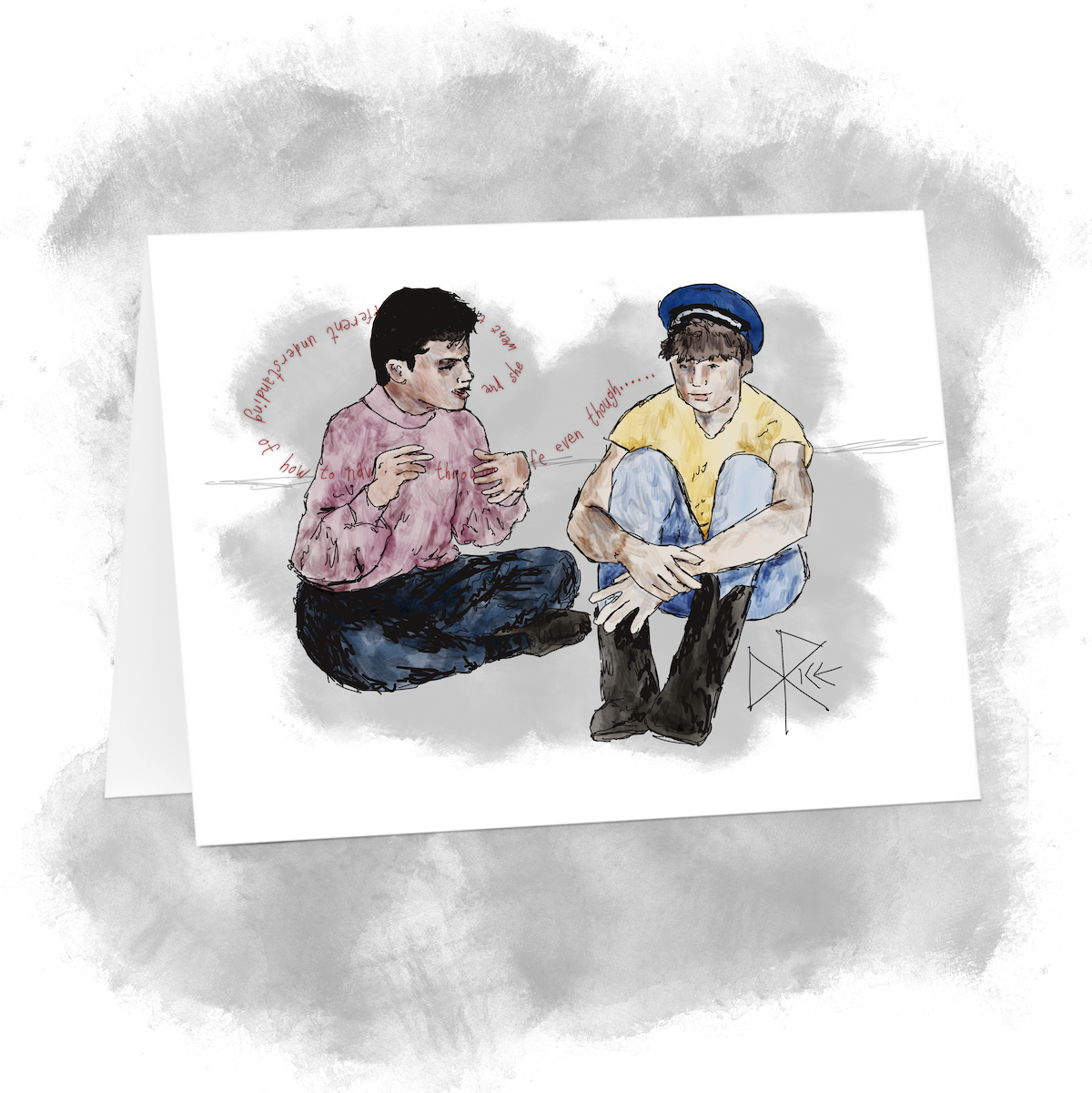 Two men seated on the floor, as one narrates a tale of hardship and eventual success. Sketch art by Don Rice.