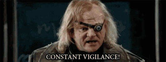 a close up of a man with a robotic eye and the words `` constant vigilance '' . a close up of a man with a robotic eye and the words `` constant vigilance '' .