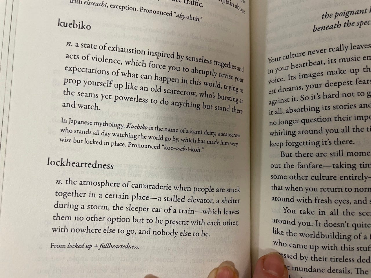 A couple of entries in John Koenig's book, The Dictionary of Obscure Sorrows, showing his neologism, 'kuebiko', a state of exhaustion inspired by senseless acts of violence and tragedies. A couple of entries in John Koenig's book, The Dictionary of Obscure Sorrows, showing his neologism, 'kuebiko', a state of exhaustion inspired by senseless acts of violence and tragedies.