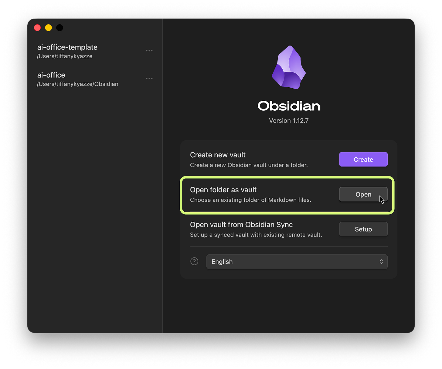 Screenshot of the Obsidian startup screen showing the option “Open folder as vault” highlighted in green. The sidebar lists two local vault folders named “ai-office-template” and “ai-office.” Screenshot of the Obsidian startup screen showing the option “Open folder as vault” highlighted in green. The sidebar lists two local vault folders named “ai-office-template” and “ai-office.”