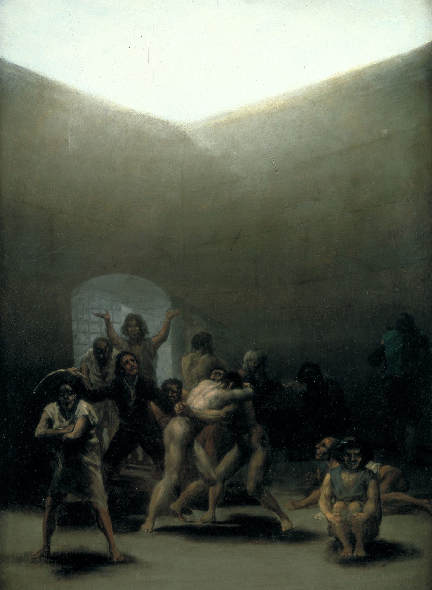 A small upright painting of a bare yard where two naked men wrestle while a guard whips them, as men in white tunics look on, with strong light falling from above.