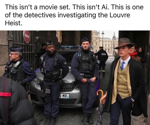 May be an image of text that says 'This isn't a movie set. This isn't Ai. This is one of the detectives investigating the Louvre Heist. 9-MR'