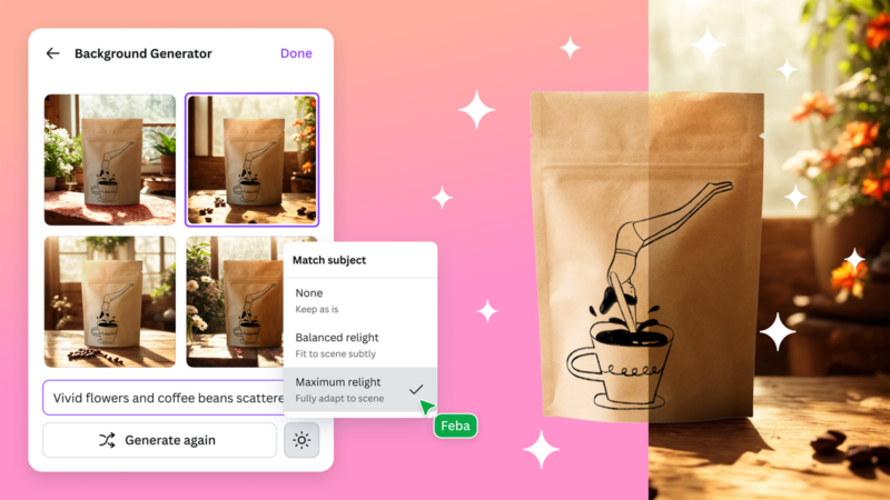 A split image showing a mobile app's background generator on the left and a coffee bag with an illustration on the right. The bag has a design of a hand pouring liquid into a cup. The app interface shows various background options.