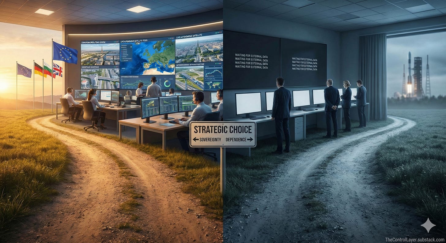 Split image contrasting European autonomous space operations with dependence on external intelligence sources. Split image contrasting European autonomous space operations with dependence on external intelligence sources.