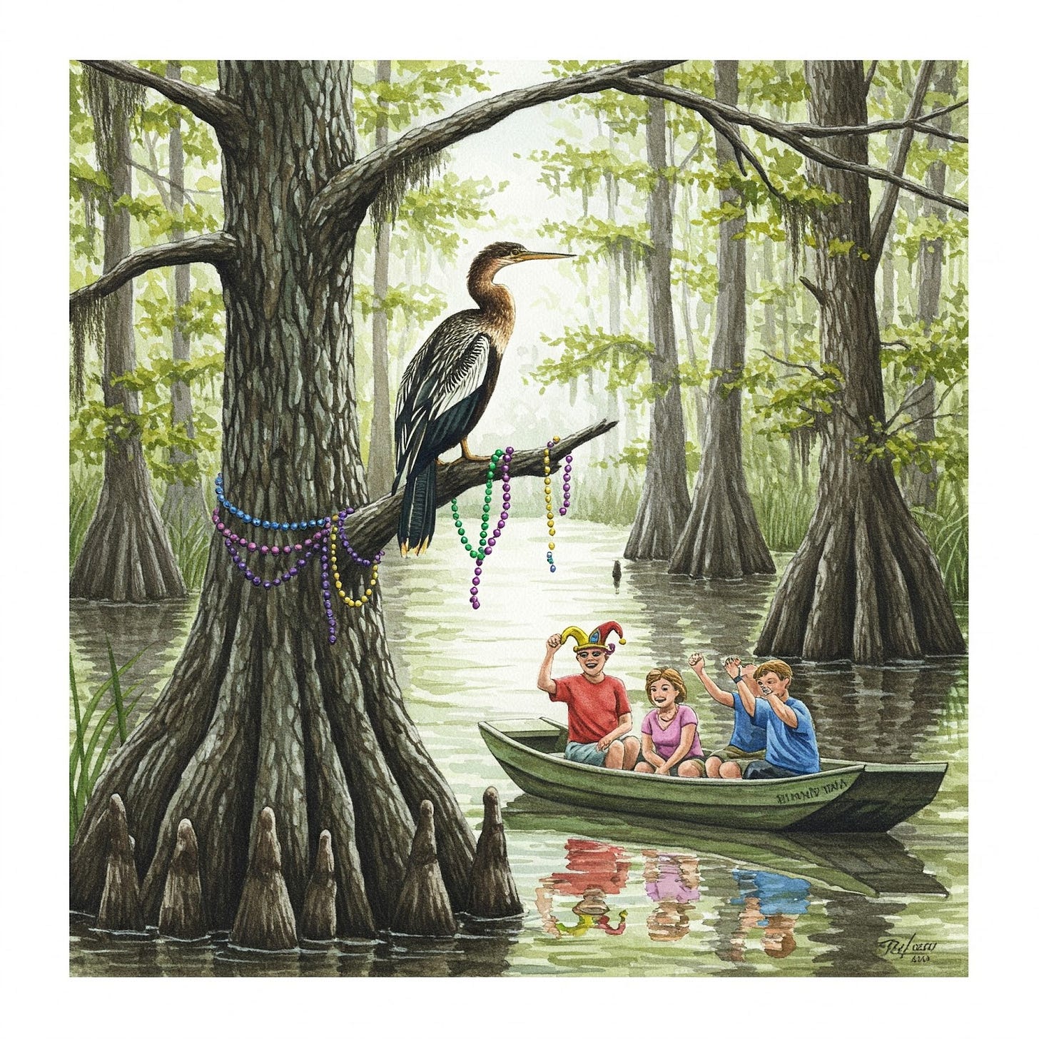 Anhinga bird that tourists are decorating in the bayou thinking it's a statue. Anhinga bird that tourists are decorating in the bayou thinking it's a statue.
