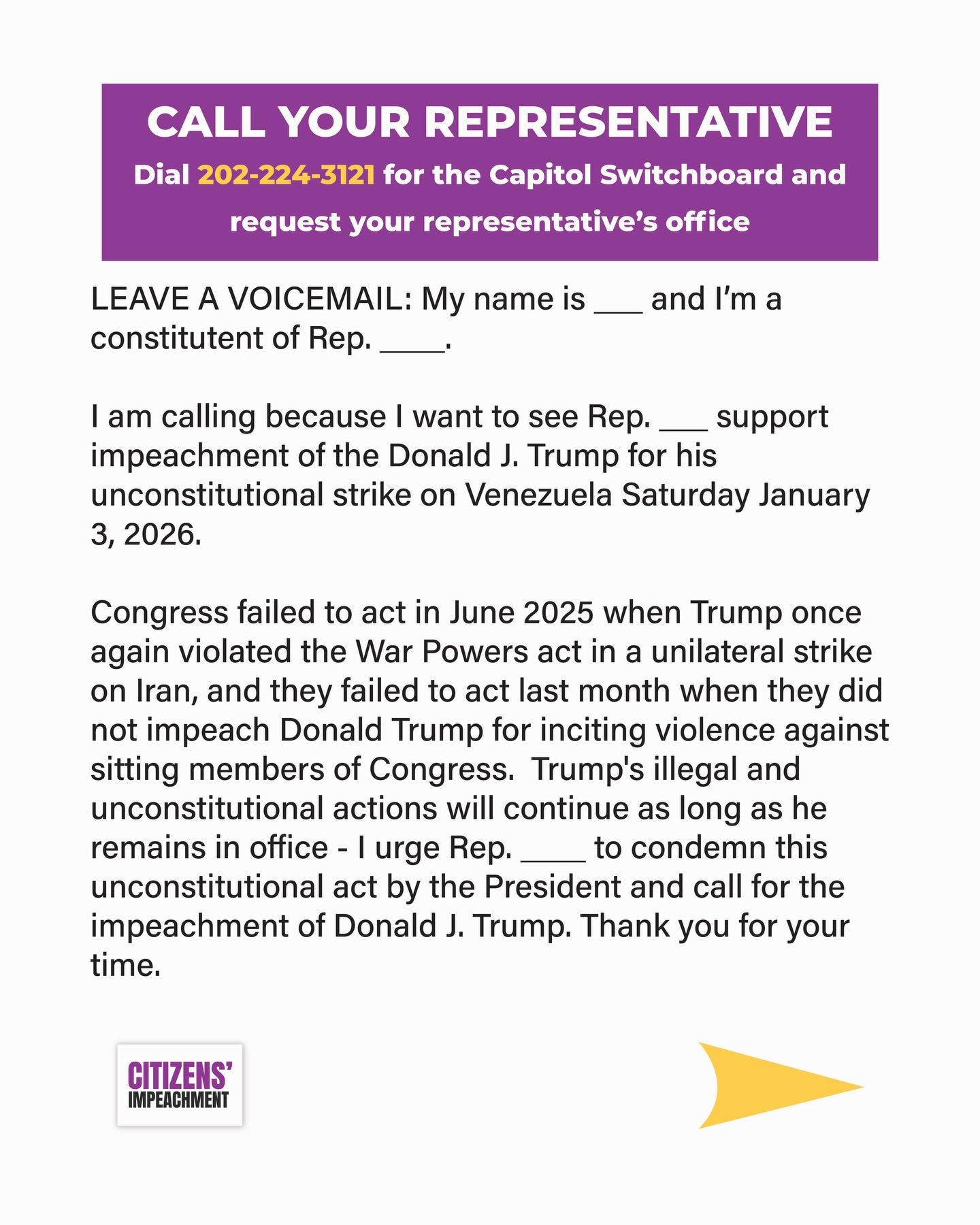 Call your representative script graphic with Capitol Switchboard number 202-224-3121 and a voicemail template about impeachment and the Venezuela strike