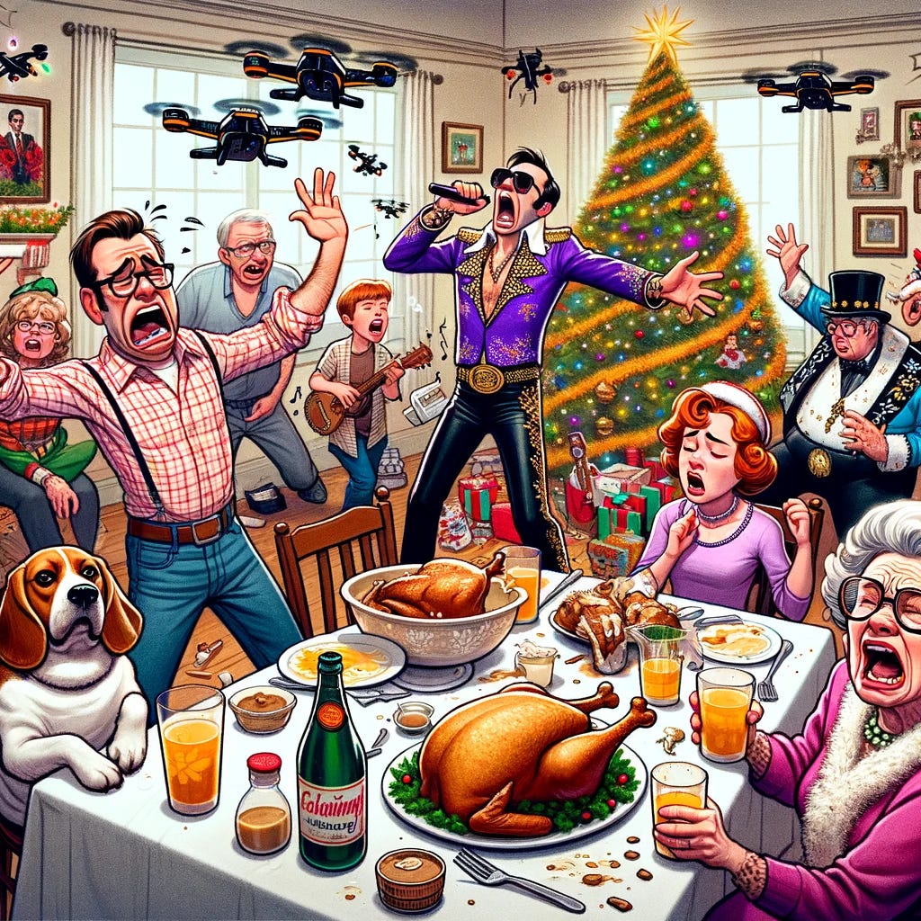  A chaotic holiday scene in a cartoon style, featuring a diverse family at Christmas dinner. 