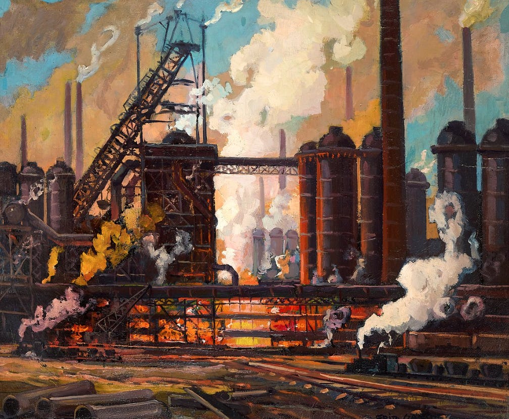 A painting of an industrial complex