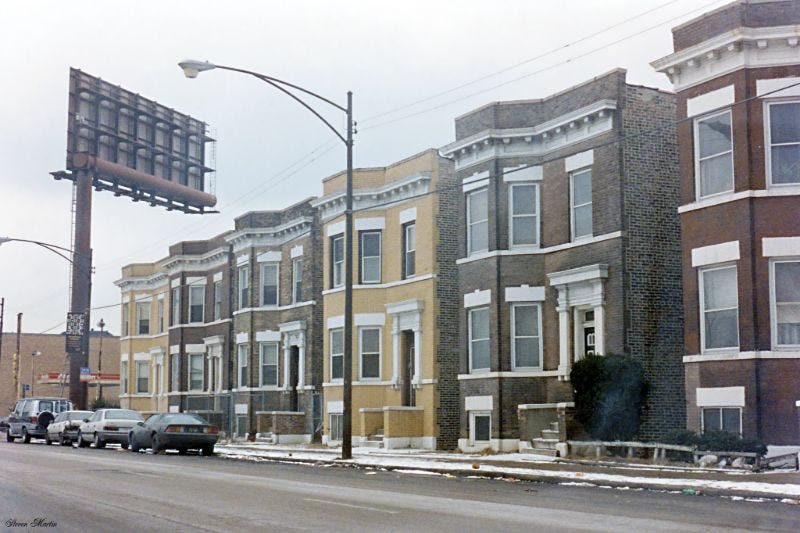 A charming row of detached townhouses on Harrison Street, Chicago, February 1996. A charming row of detached townhouses on Harrison Street, Chicago, February 1996.