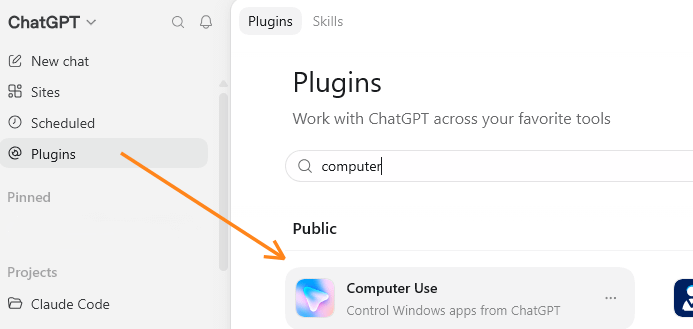 ChatGPT Plugins page with "computer" search showing the Computer Use plugin card reading "Control Windows apps from ChatGPT," orange arrow pointing to Plugins in sidebar ChatGPT Plugins page with "computer" search showing the Computer Use plugin card reading "Control Windows apps from ChatGPT," orange arrow pointing to Plugins in sidebar