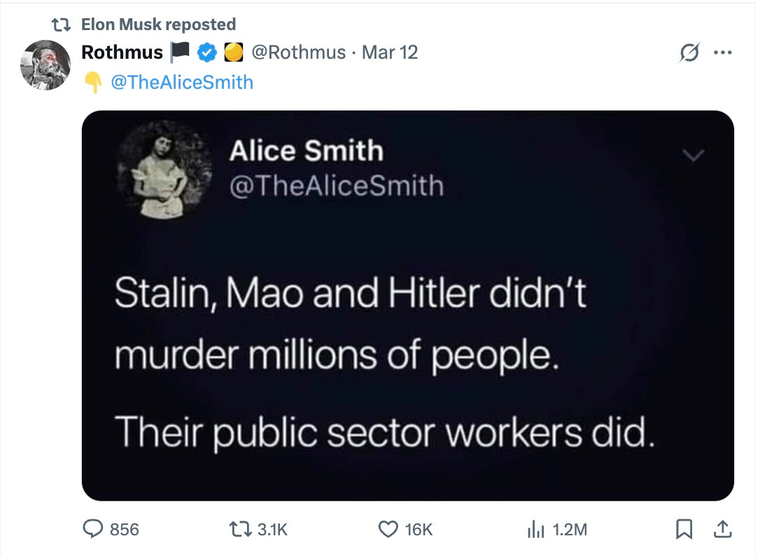 Stalin, Mao and Hitler didn't murder millions of people. Their public sector workers did. Stalin, Mao and Hitler didn't murder millions of people. Their public sector workers did.