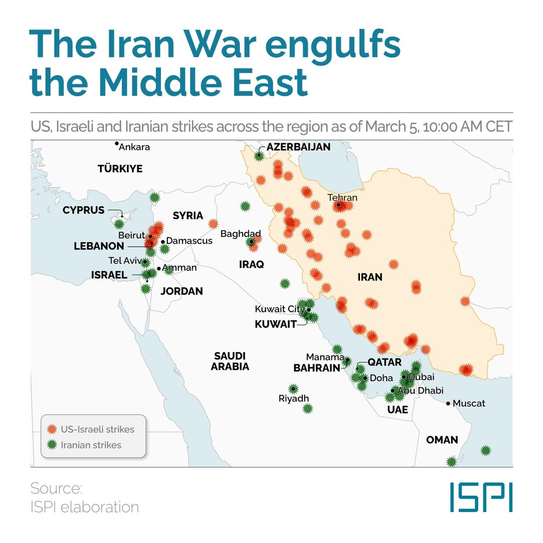 May be an image of map and text that says 'The Iran War engulfs the Middle East US, Israeli and Iranian strikes across the region as of March 5 10:00 AM CET *Ankara AZERBAIJAN TÜRKIYE CYPRUS SYRIA Tehran Baghdad Damascus Beirut LEBANON Te Aviv ISRAEL •Amman IRAQ JORDAN IRAN Kuwait Cit KUWAIT- SAUDI ARABIA Manama BAHRAIN QATAR Doha US-Israelistrikes US-Israeli strikes Iranian strikes Riyadh ubai Dhabi Muscat UAE Source ISPI elaboration OMAN ISPI'