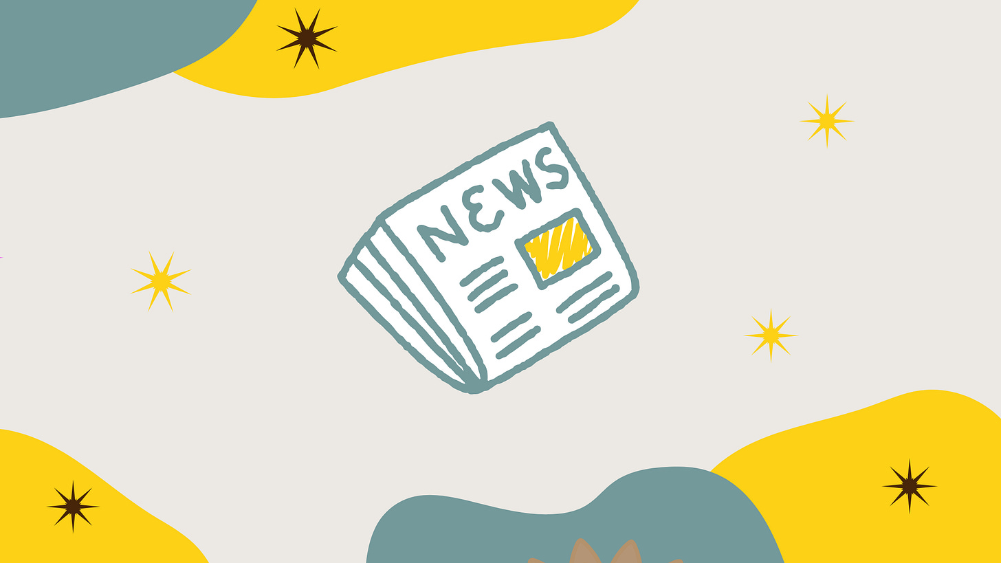 Illustrated newspaper outline reading "news" against a beige background with different colored shapes on the border.
