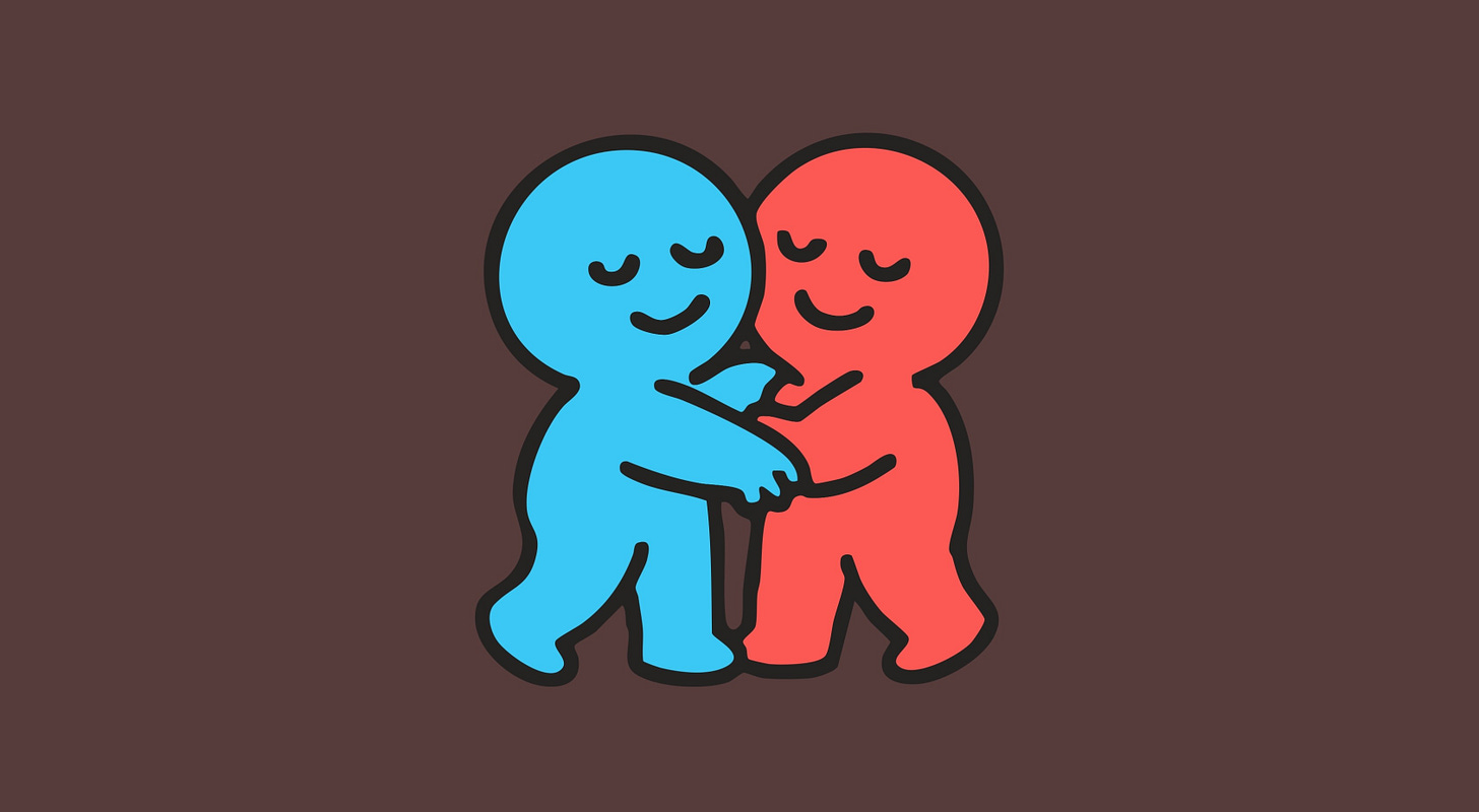A graphic of two people embracing with looks of affection on their faces.