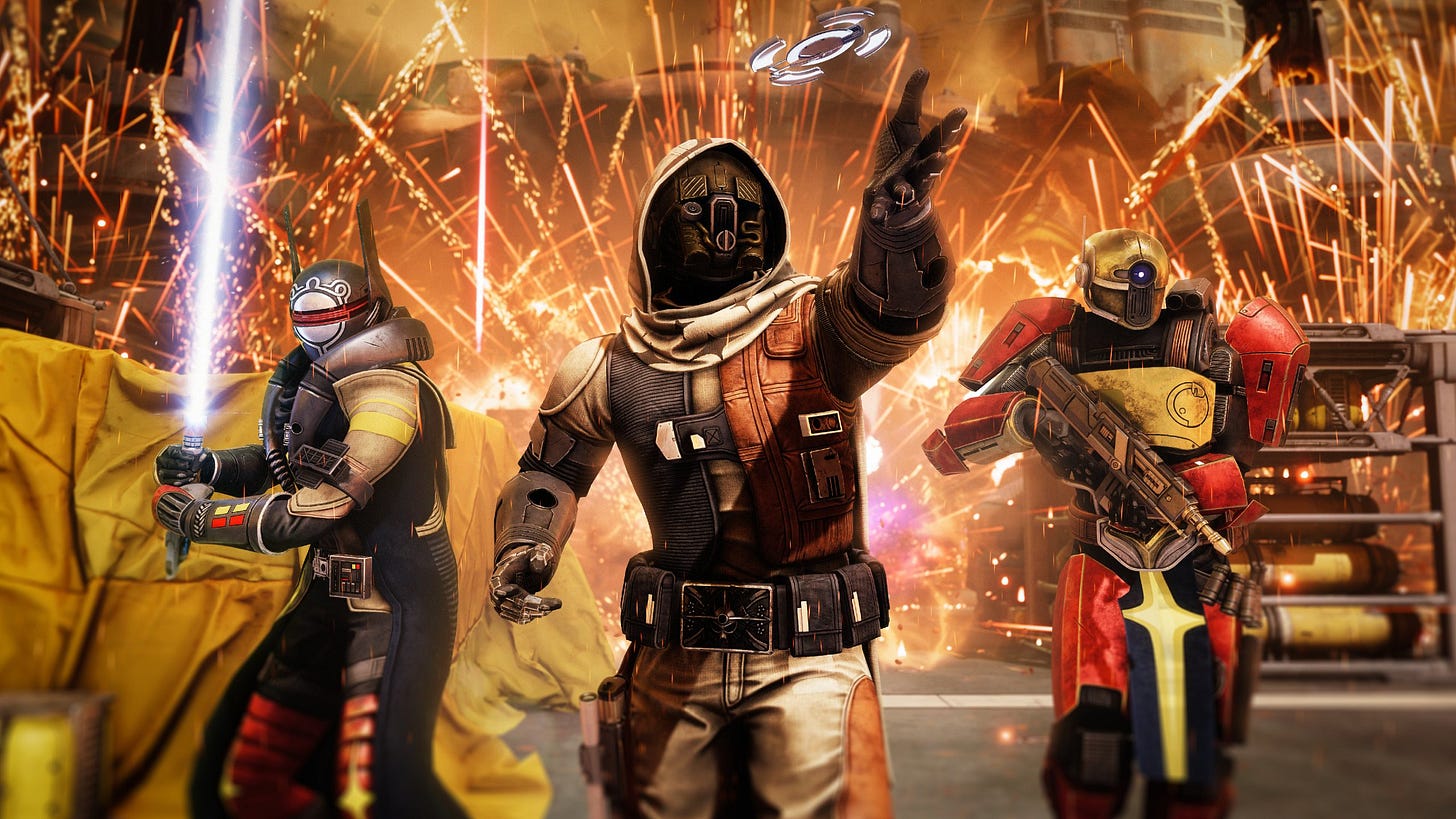 Three guardians in Destiny 2. An explosion goes off behind them Three guardians in Destiny 2. An explosion goes off behind them