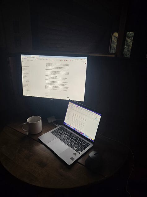 A laptop and a monitor on a desk with a manuscript shown on screen; a modest cabin with big windows in the woods surrounded by a deck; a view of the colourful rustic living space from the loft where I set up my desk. Two women sitting at a pub, and a desk with papers on it.