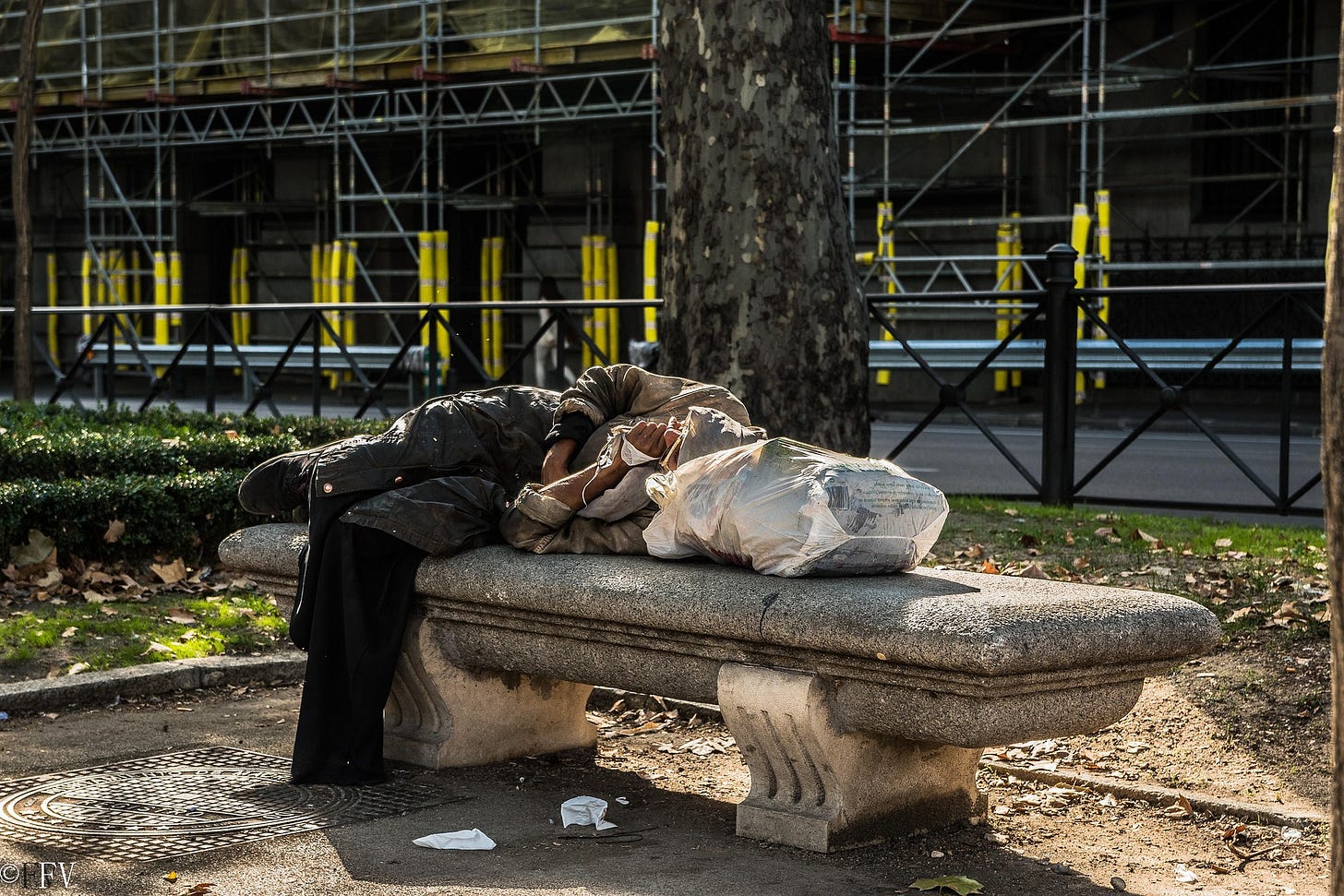 A person lays on a weathered stone park bench, partially obscured, using several large, overstuffed bags as a pillow. The ground around the bench is scattered with dry leaves and small pieces of litter. In the background, a green metal fence separates the park from a sunlit street with parked cars and buildings. The overall scene depicts a moment of rest or habitation in a public urban park.