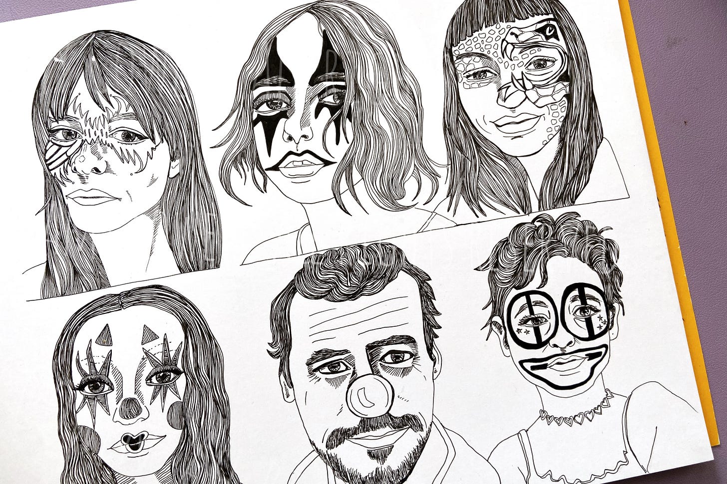 Days 1 to 6 of Inktoportraits, 2023 series of portraits by Amy Cowen