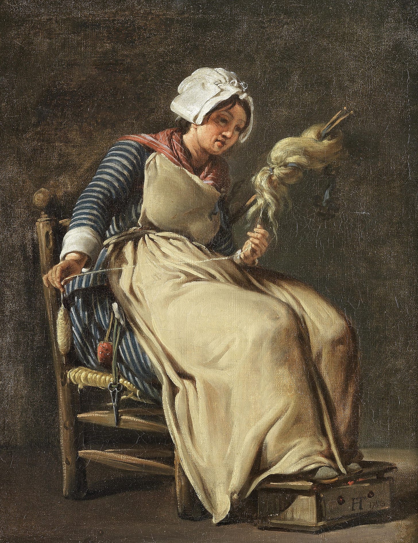 Painting of a woman spinning flax on a spindle. Painting of a woman spinning flax on a spindle.