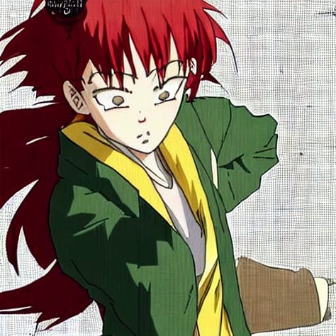 A series of images where Hatori Chise is displayed in confident fighting poses with red spiky hair