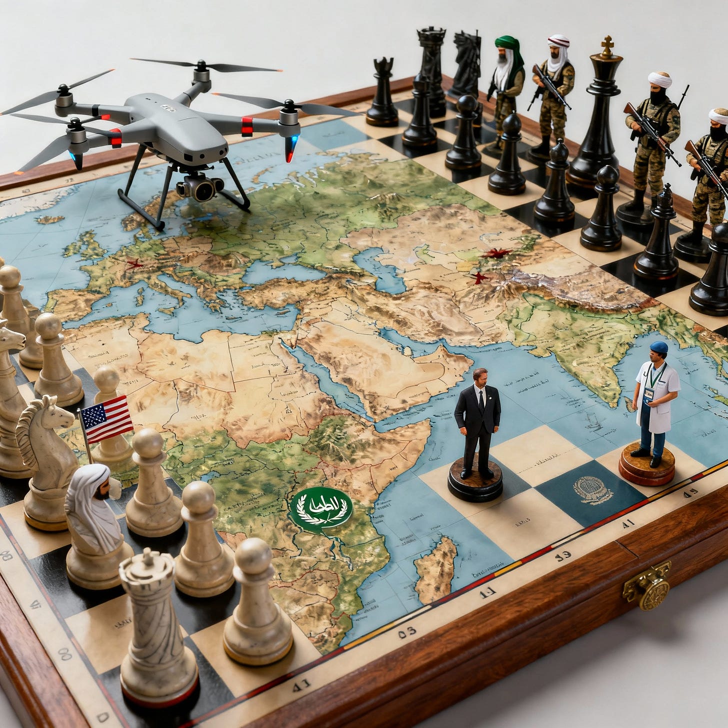 Chessboard with world powers as pieces on map of Muslim world