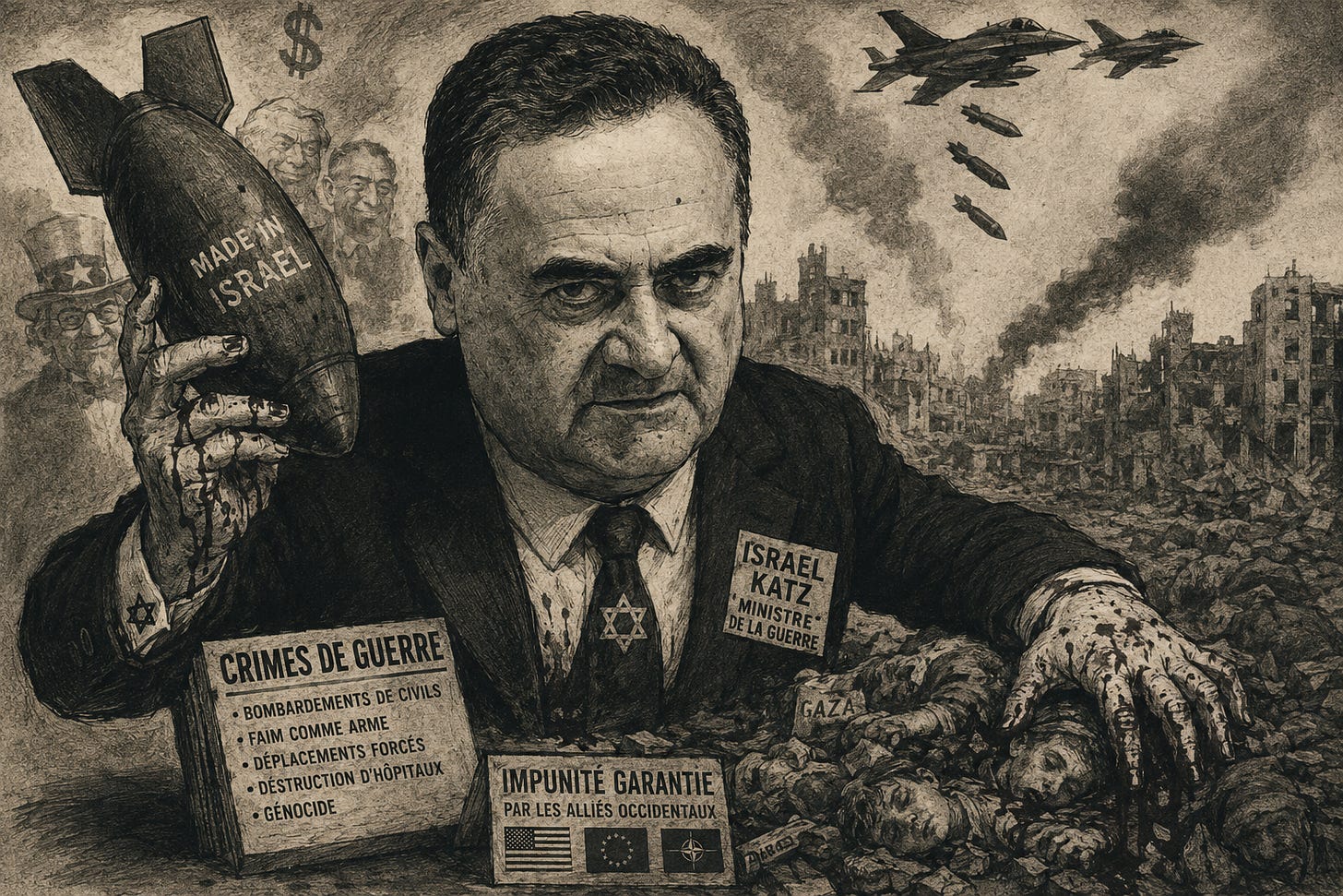 Caricature politique en tons sépia, dans un style expressionniste proche de John Heartfield ou George Grosz. Israel Katz occupe le centre de l’image avec une expression dure. Il brandit une bombe marquée « Made in Israel » au-dessus d’un paysage de ruines et de cadavres, évoquant Gaza dévastée. Des avions larguent des bombes dans le ciel, tandis que des pancartes au premier plan dénoncent les « crimes de guerre » et « l’impunité garantie par les alliés occidentaux ». Caricature politique en tons sépia, dans un style expressionniste proche de John Heartfield ou George Grosz. Israel Katz occupe le centre de l’image avec une expression dure. Il brandit une bombe marquée « Made in Israel » au-dessus d’un paysage de ruines et de cadavres, évoquant Gaza dévastée. Des avions larguent des bombes dans le ciel, tandis que des pancartes au premier plan dénoncent les « crimes de guerre » et « l’impunité garantie par les alliés occidentaux ».
