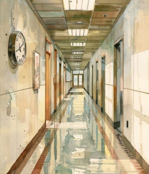 vintage watercolor illustration of an empty office hallway with a wall clock and faint debris along the baseboard, suggesting time continuing after closure