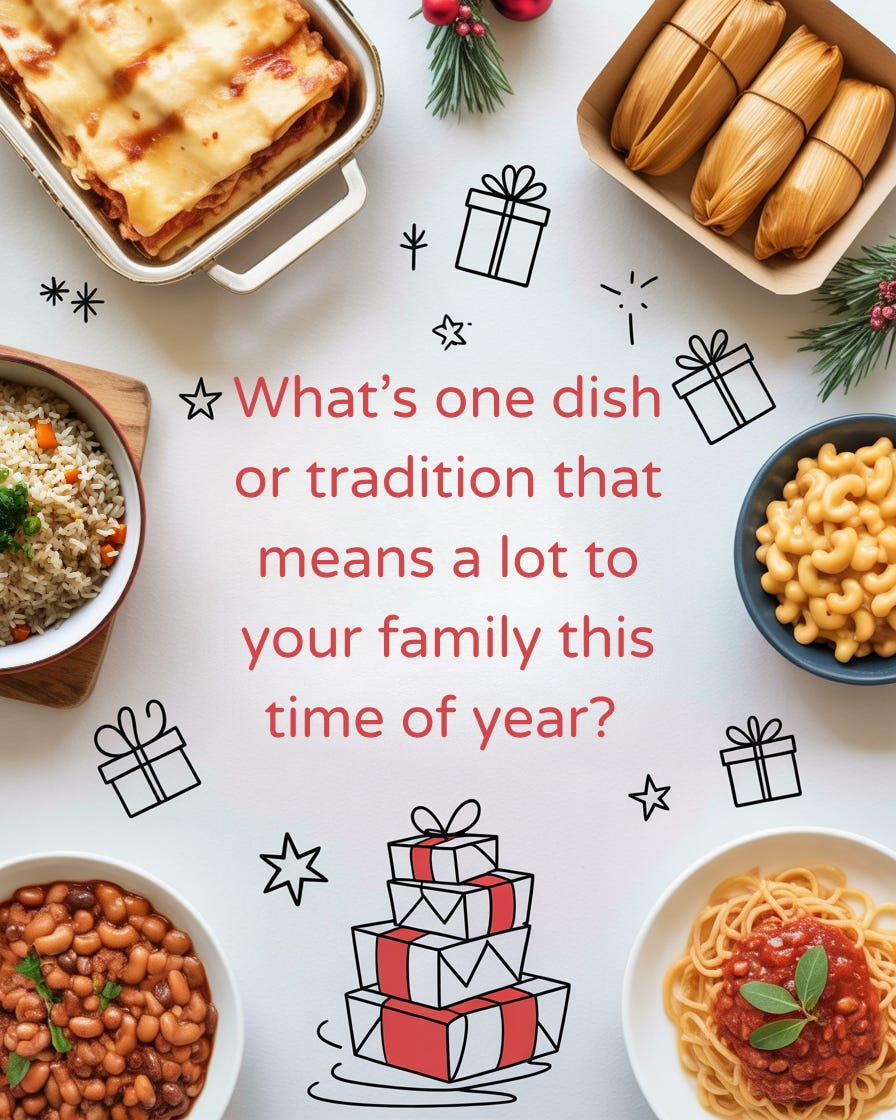 a variety of holiday dishes with the question What's a dish or tradition that means a lot to your family this time of year?