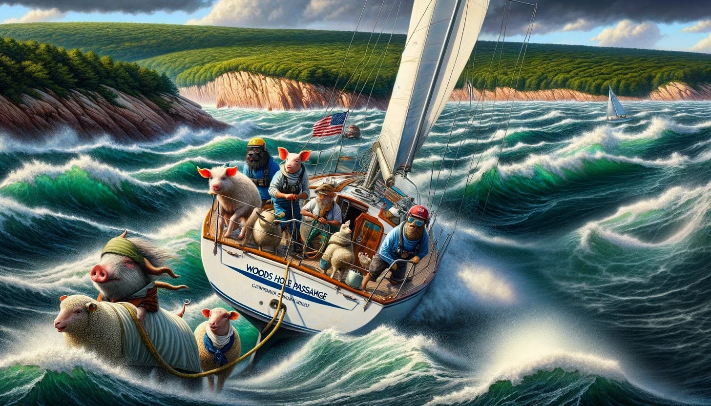 A dynamic landscape scene depicting a sailboat navigating through Woods Hole Passage in Cape Cod during maximum current, with the crew removed for a clearer focus on the challenging maritime environment. The water is turbulent with multiple eddy currents, making it difficult to control the boat as it motors through at a slow relative speed. The lush green shores of the passage form a vivid backdrop, highlighting the adventurous and challenging nature of this nautical journey without any distractions.