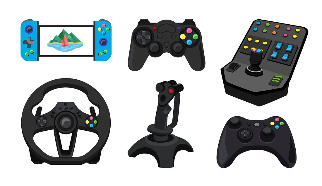 Illustration of six gaming controllers on a white background, including a handheld console, two gamepads, a racing wheel, a flight joystick, and a control panel with joystick and buttons. Illustration of six gaming controllers on a white background, including a handheld console, two gamepads, a racing wheel, a flight joystick, and a control panel with joystick and buttons.