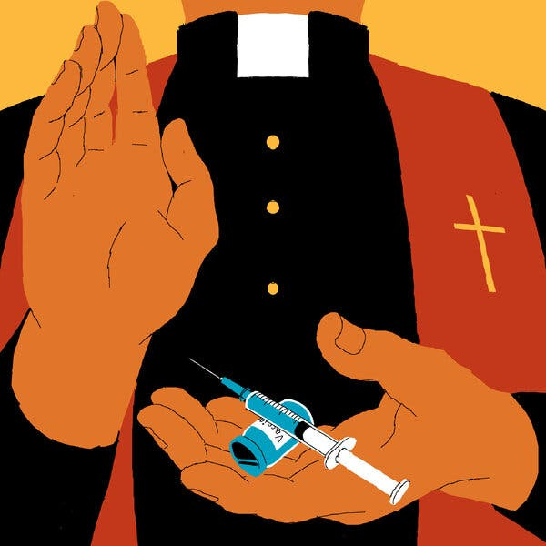 A priest holds up one hand and, in the other, cradles a vial labeled “vaccine” and a syringe.