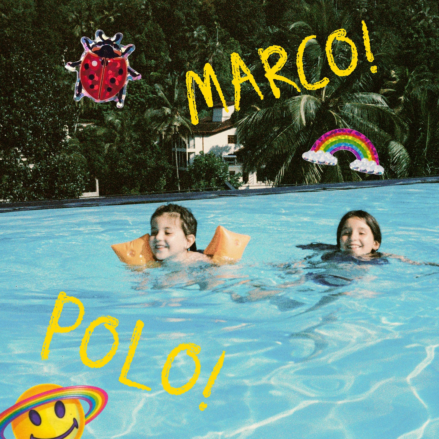 Two kids swimming and laughing in a backyard pool, with "Marco!" and "Polo!" written in yellow text and playful sticker accents.