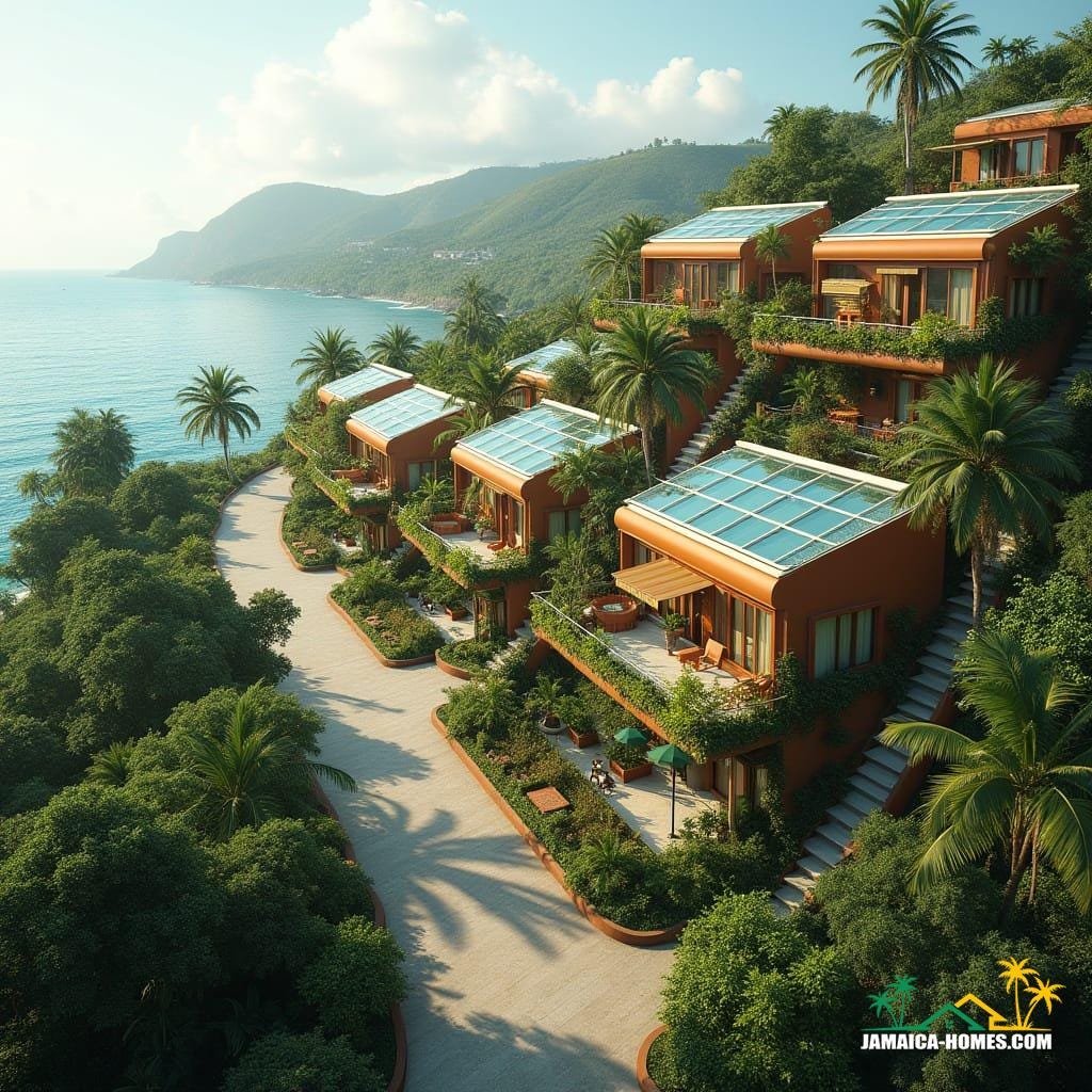 Aerial view of a livable futuristic Jamaican hillside community