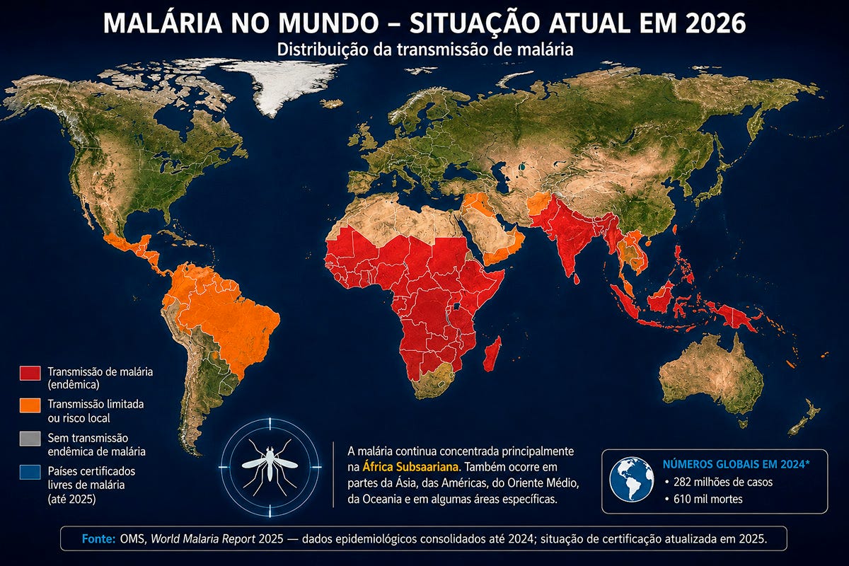 Mapa mundi mostrando as áreas de transmissão endêmica e local da malária no mundo, com estatística no número de casos e imagem do mosquito transmissor da doença Mapa mundi mostrando as áreas de transmissão endêmica e local da malária no mundo, com estatística no número de casos e imagem do mosquito transmissor da doença