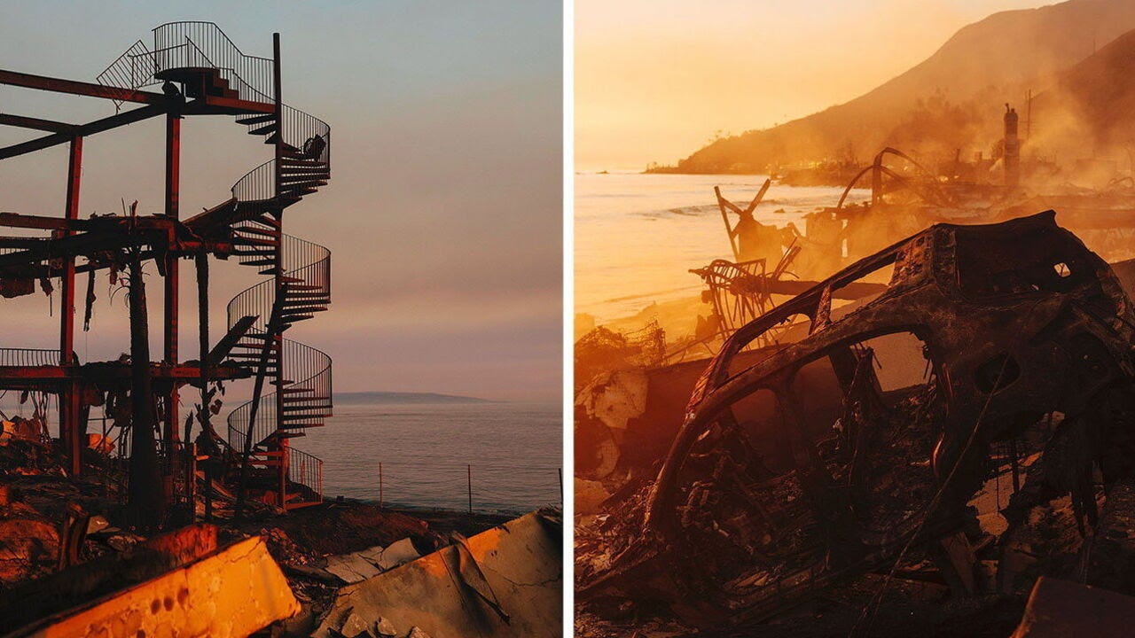 Diptych showing the aftermath of the Los Angeles fires