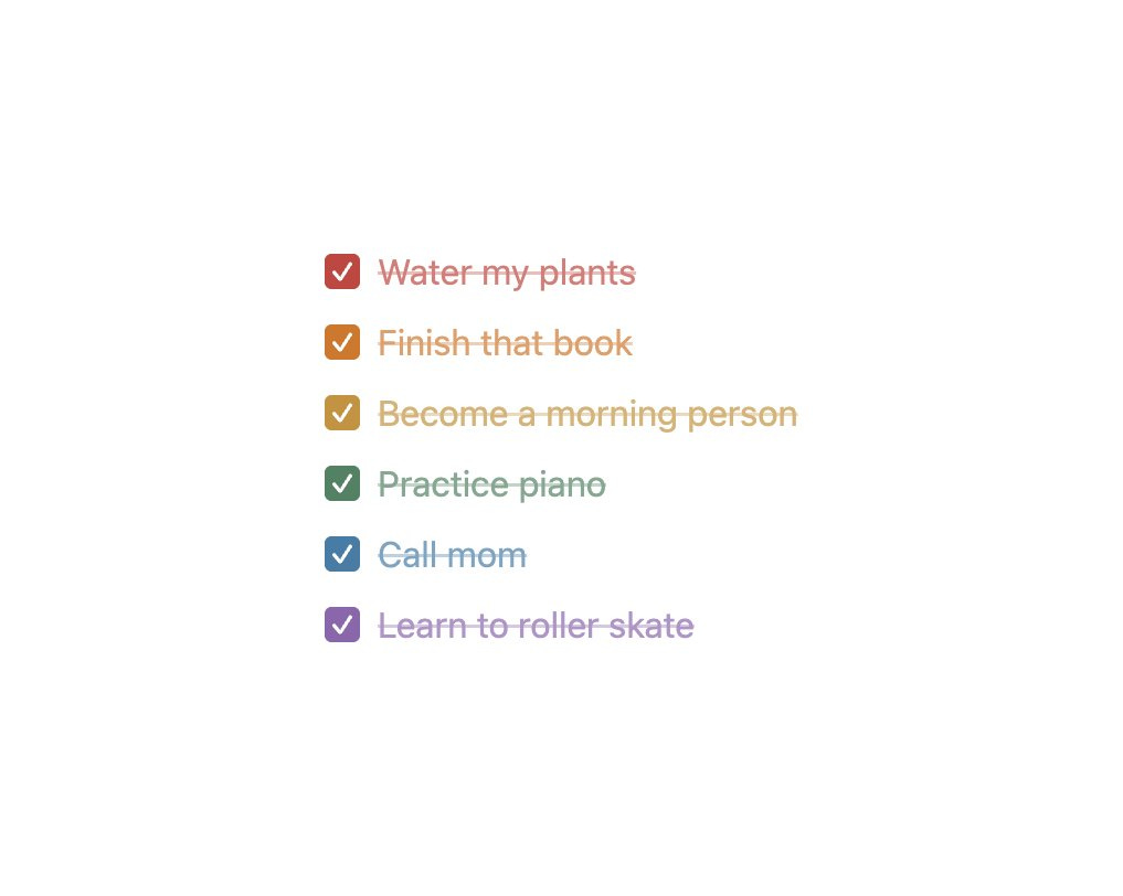 A colorful to-do list with six checkboxed items, each in a different color