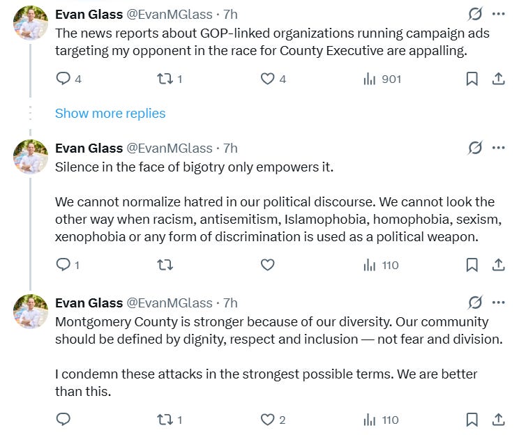 Screenshot of a Twitter thread by Evan Glass discussing bigotry in political discourse and the importance of diversity in Montgomery County.