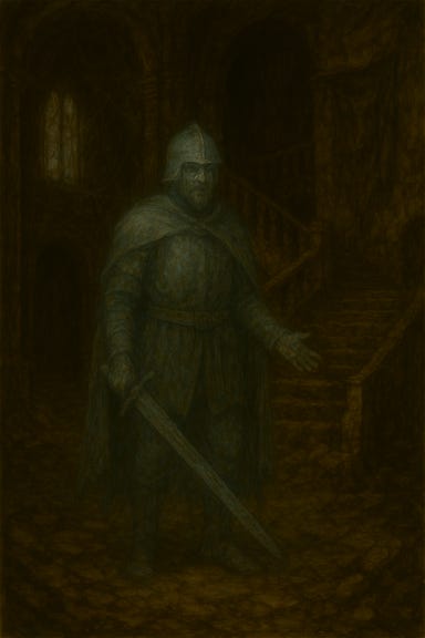 A dark fantasy image of a phantom warrior of Argynvostholt standing in the ruined foyer of the fortress. The ghostly figure wears spectral armor that glows faintly silver-blue, with a tattered cloak flowing behind. His face is obscured beneath a broken helm, eyes glowing with pale light. He holds a longsword with both hands, its blade shimmering with ethereal energy. Around him, the stone walls are cracked and draped in cobwebs, and moonlight filters through a shattered stained-glass window. The atmosphere is solemn, haunted, and reverent.