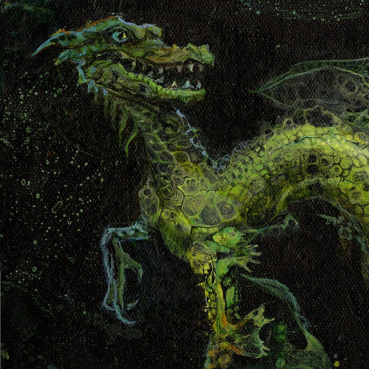 LEFT: Close detail from DANCING IN STRANGE SEAS featuring a green sea dragon craning its neck. The pattern of its scales is an abstraction inspired by accidental paint patterns on a scrap of canvas. RIGHT: Close detail from DANCING IN STRANGE SEAS featuring a nude woman with flowing red hair floating in dark bubbly water. She spreads her arms, turning playfully to draw a transparently patterned organic cape behind her. The pattern on the jellyfish-like transparency changes from loose open circle to more defined paint marks suggesting the spots on peacock feathers that distort the farther the cape unfurls. Other sea creatures swim past...a trio of sea horses to the right and a slithering of eels below.