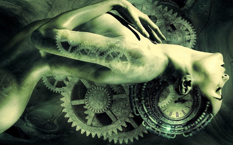 A bare woman laying back with clocks in the background A bare woman laying back with clocks in the background