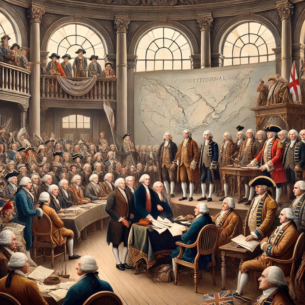 A historical illustration representing the 1791 Constitutional Act. The scene depicts British colonial officials in a formal hall, announcing the division of Quebec into Upper and Lower Canada. French settlers and British Loyalists listen intently, while First Nations leaders stand to the side, visibly excluded from discussions. A large map of Canada is displayed in the background, symbolizing the territorial changes. The atmosphere conveys a mix of diplomacy and quiet tension, highlighting the act’s impact on governance and land rights.