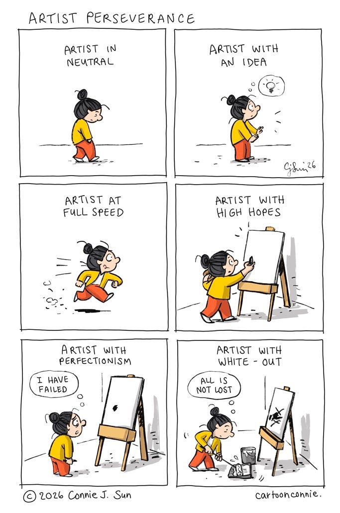 Art description: 6-panel comic about the process of creating art and overcoming perfectionism. The panels illustrate a cartoon figure trying to capture an idea an artist easel and feeling like a failure when it doesn't live up to what she imagined. In the last panel, she dips a roller in a bucket of white-out and begins the editing process. Titled "Artist Perseverance," 2026, by Connie Sun, cartoonconnie.