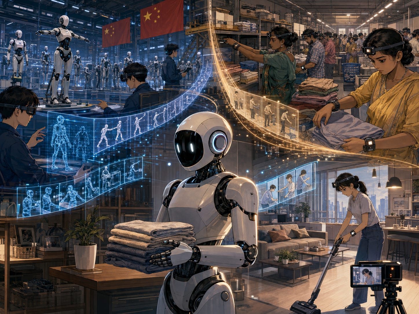 Illustration futuriste montrant un robot humanoïde tenant une pile de linge au centre de l’image. Autour de lui, plusieurs scènes reliées par des flux lumineux représentent la collecte mondiale de gestes humains : des robots entraînés en usine en Chine, des travailleurs équipés de capteurs, des employées pliant du linge dans un atelier, et une femme passant l’aspirateur dans un appartement filmé par une caméra. L’image évoque l’apprentissage des robots IA à partiFuturistic illustration showing a humanoid robot holding a pile of laundry at the center of the image. Around it, several scenes connected by luminous flows represent the global collection of human gestures: robots being trained in a factory in China, workers equipped with sensors, employees folding laundry in a workshop, and a woman vacuuming an apartment filmed by a camera. The image evokes how AI robots learn from everyday chores and human movements