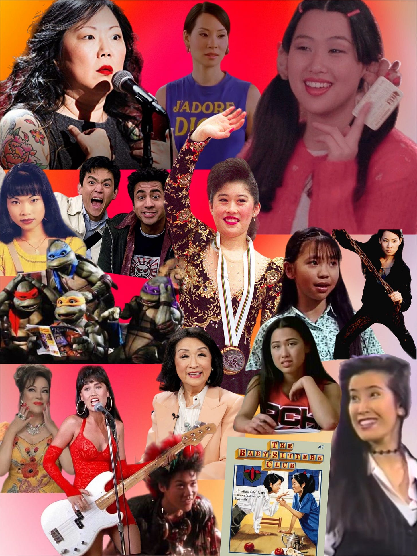 collage featuring AAPI actors from the 90s and early 2000s mainly women: lucy liu, margaret cho