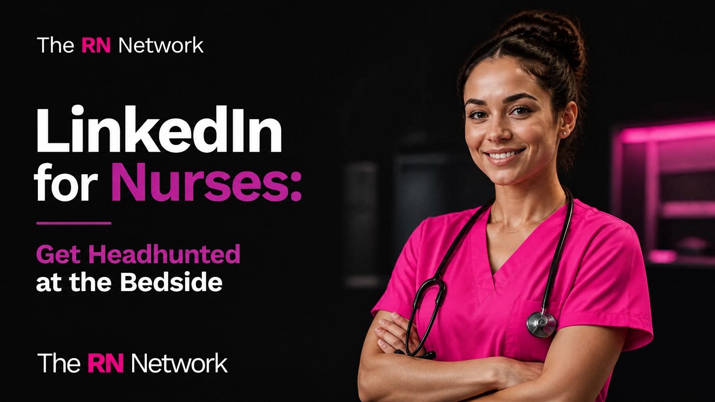 A nurse in pink scrubs with a stethoscope smiles while using her phone