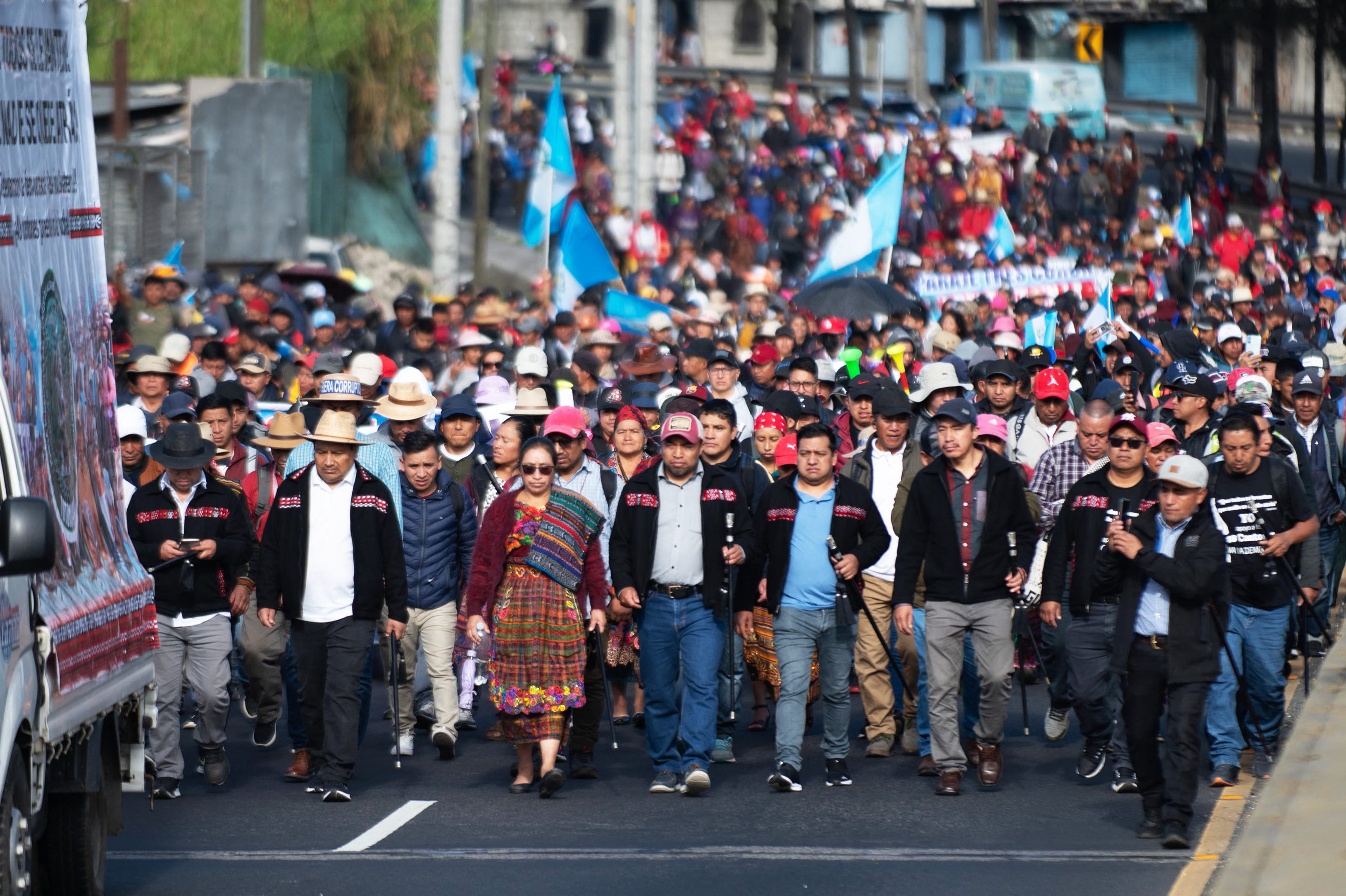 Indigenous people march to demand the resignation of Attorney General Consuelo Porras and prosecutor Rafael Curruchiche in December 2023. (Photo by Carlos Alonzo/AFP via Getty Images.) Indigenous people march to demand the resignation of Attorney General Consuelo Porras and prosecutor Rafael Curruchiche in December 2023. (Photo by Carlos Alonzo/AFP via Getty Images.)