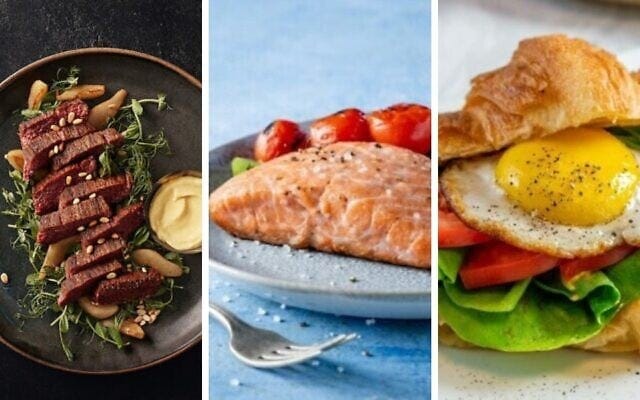 In this picture from left: Redefine Meat's plant-based steak, Plantish's plant-based salmon fillets, and plant-based 'egg' by Israeli startup Yo! Egg. (Credits: Redefine Meat, Plantish, Yo! Egg)