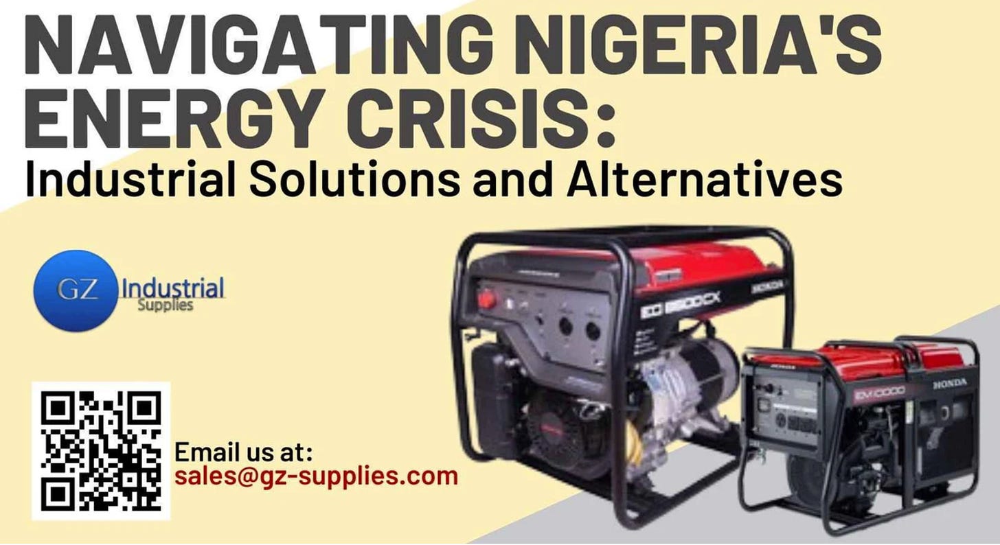 Affiche publicitaire en anglais sur fond beige intitulée « Navigating Nigeria’s Energy Crisis: Industrial Solutions and Alternatives ». Elle montre deux groupes électrogènes rouges de marque Honda, un logo d’entreprise, un QR code et une adresse e-mail commerciale, illustrant le recours massif aux générateurs dans le contexte de la crise énergétique nigériane.