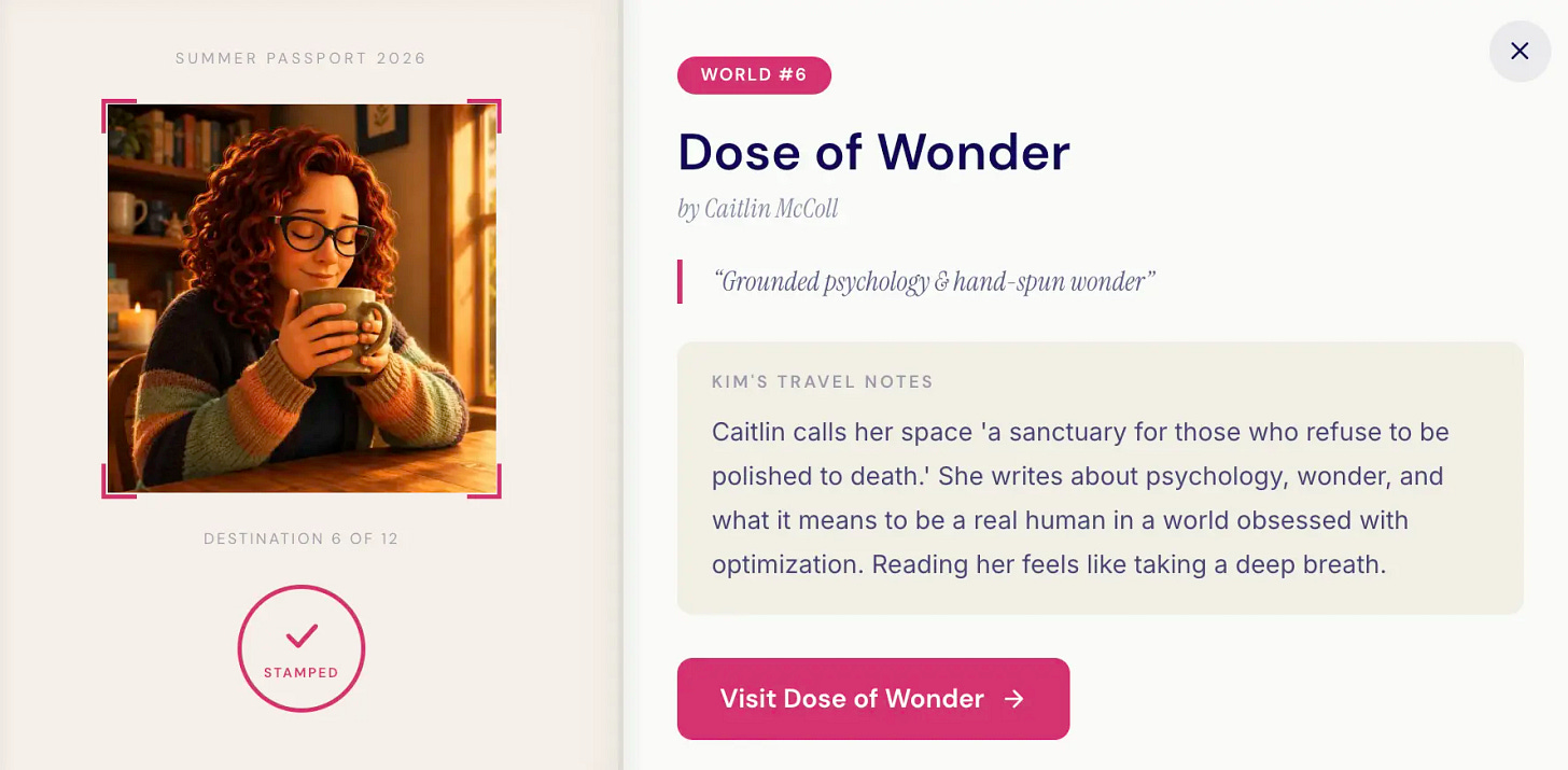 Summer Passport page for Caitlin McColl's Dose of Wonder, showing Pixar-style character savoring a handmade mug with Kim's travel notes about grounded psychology and wonder