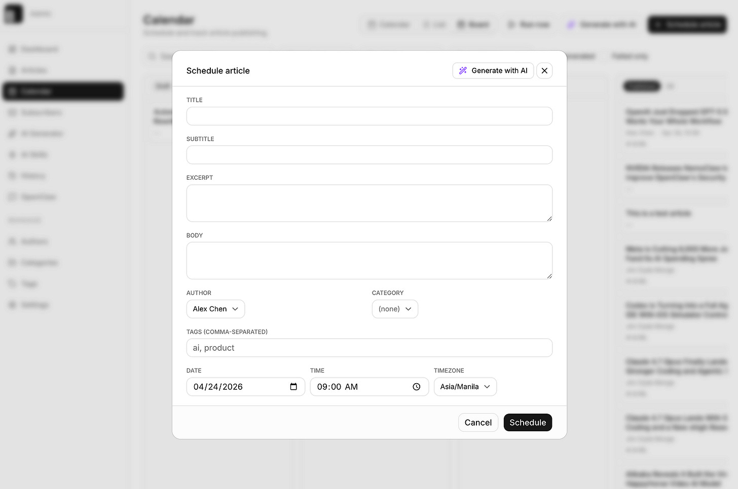 BloggFast new article scheduler modal. Image by Jim Clyde Monge